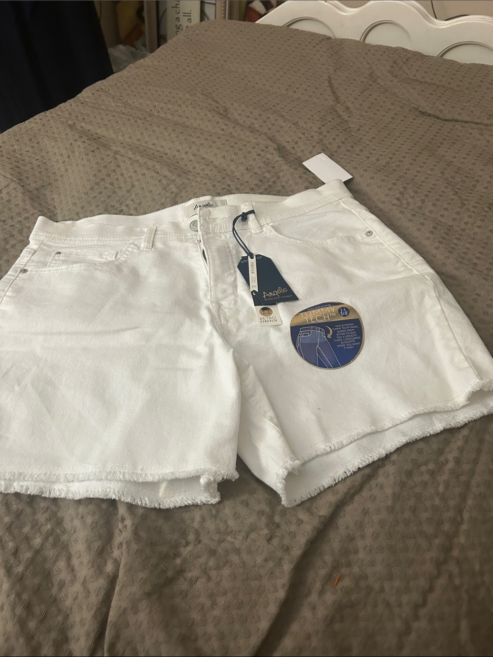 Angels Forever Young White Denim Frayed Hem Stretch Jean Shorts Tummy Tech